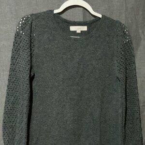 LOFT Charcoal Grey Knit Sweater with Open-Stitch Balloon Sleeves - Small